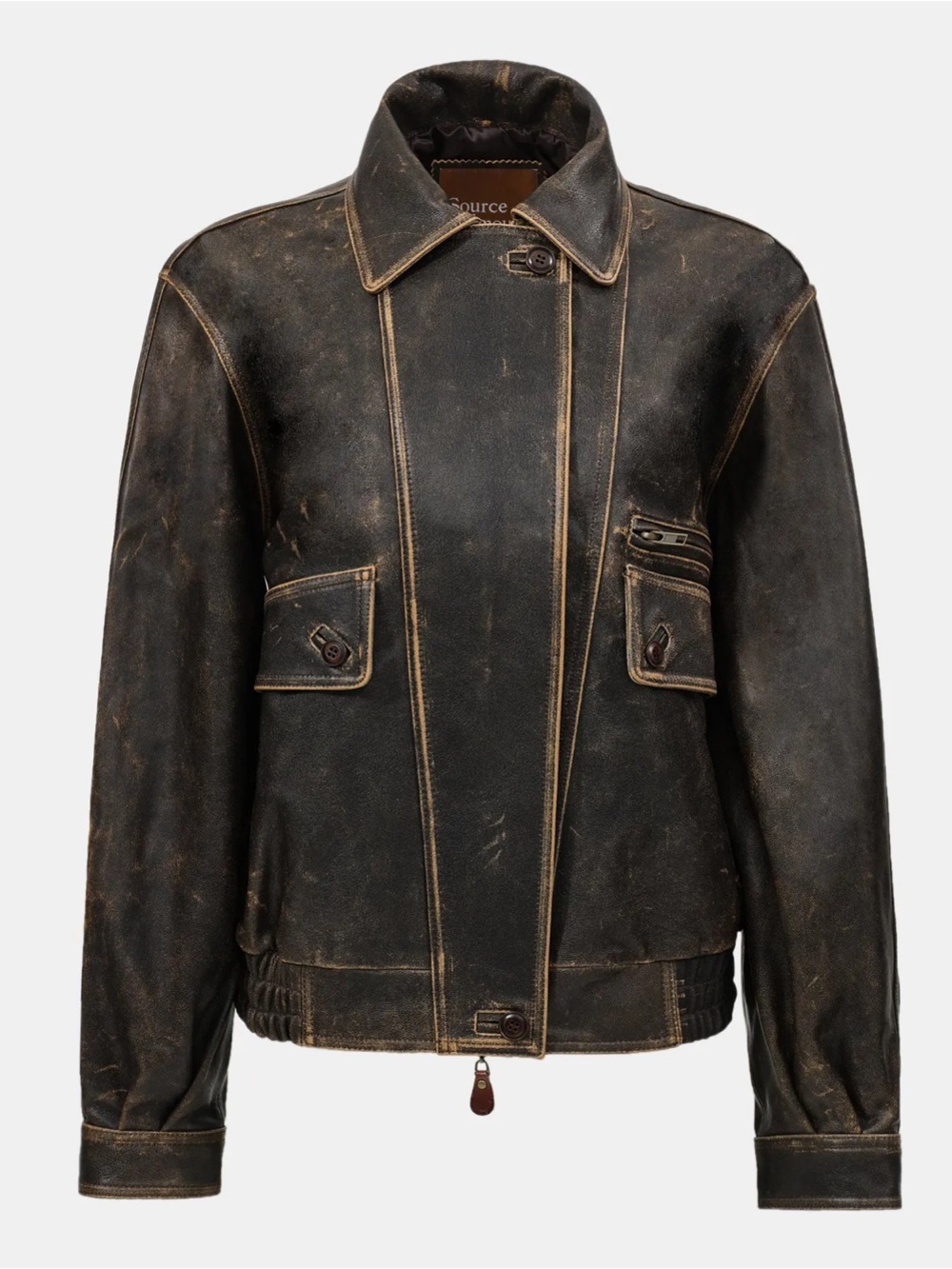 Oversized Distressed Leather Bomber Jacket - Brown